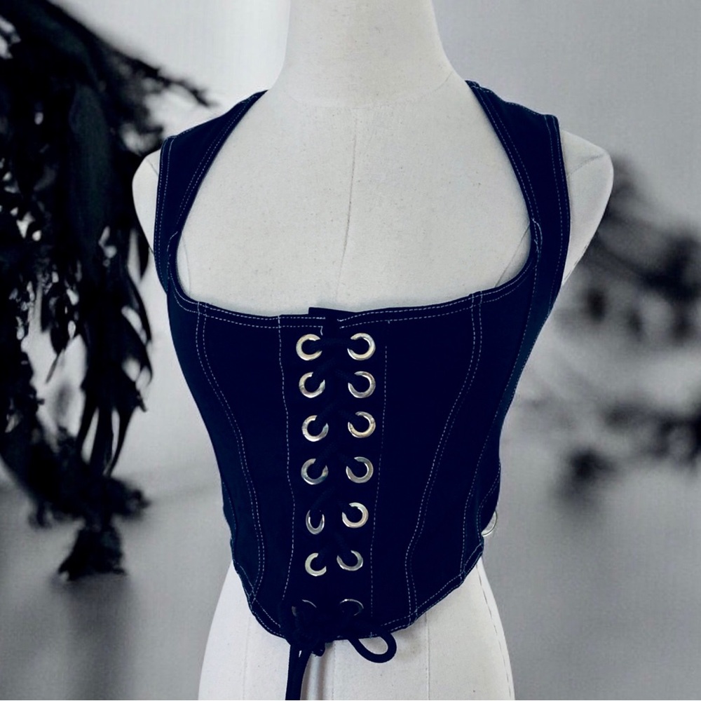 Kiki Riki Black Gothic Corset Top Lace Up Front Zip Back Y2K Grunge Size Small